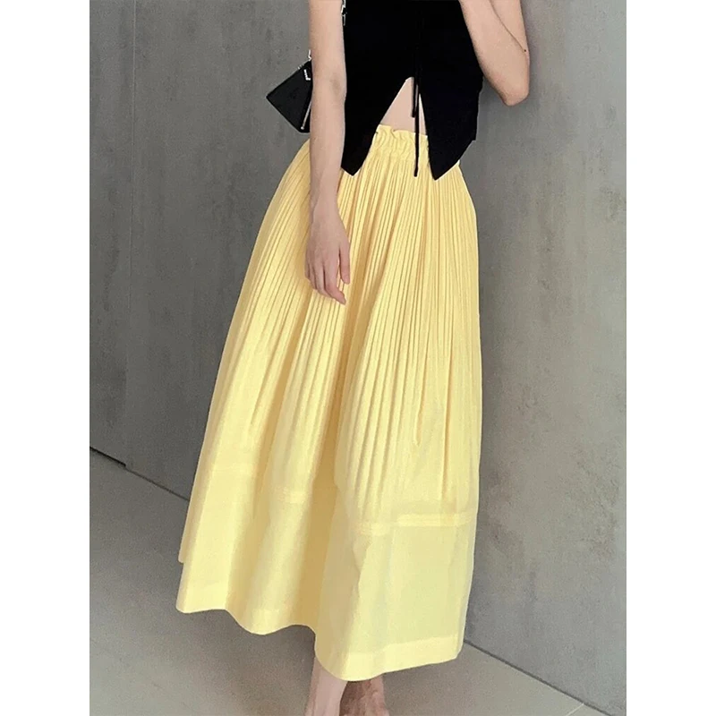 

Yellow Pleated High Waist Texture A-Line Skirt Women's Spring Summer Fashion Casual Personality Skirts