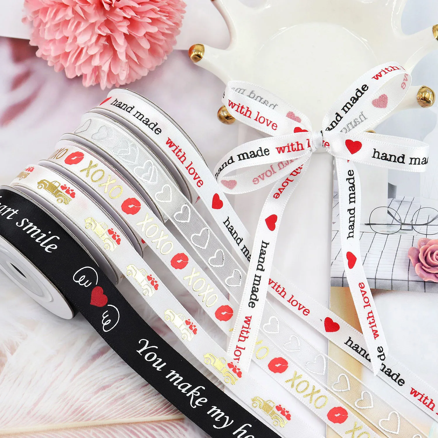 5Yards 10mmWide Valentine\'s Day Sweet Love Printed Ribbon Romantic Wedding Party Decoration Ribbons Flower&Gift Packaging Ribbon