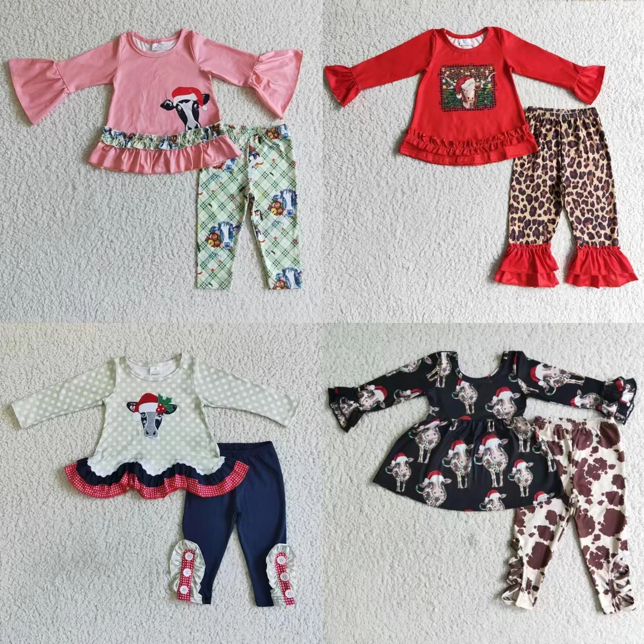 Wholesale Toddler Kids Christmas Set Long Sleeves Cow Tops Children Outfit Baby Girls Western Pants Holiday Clothes