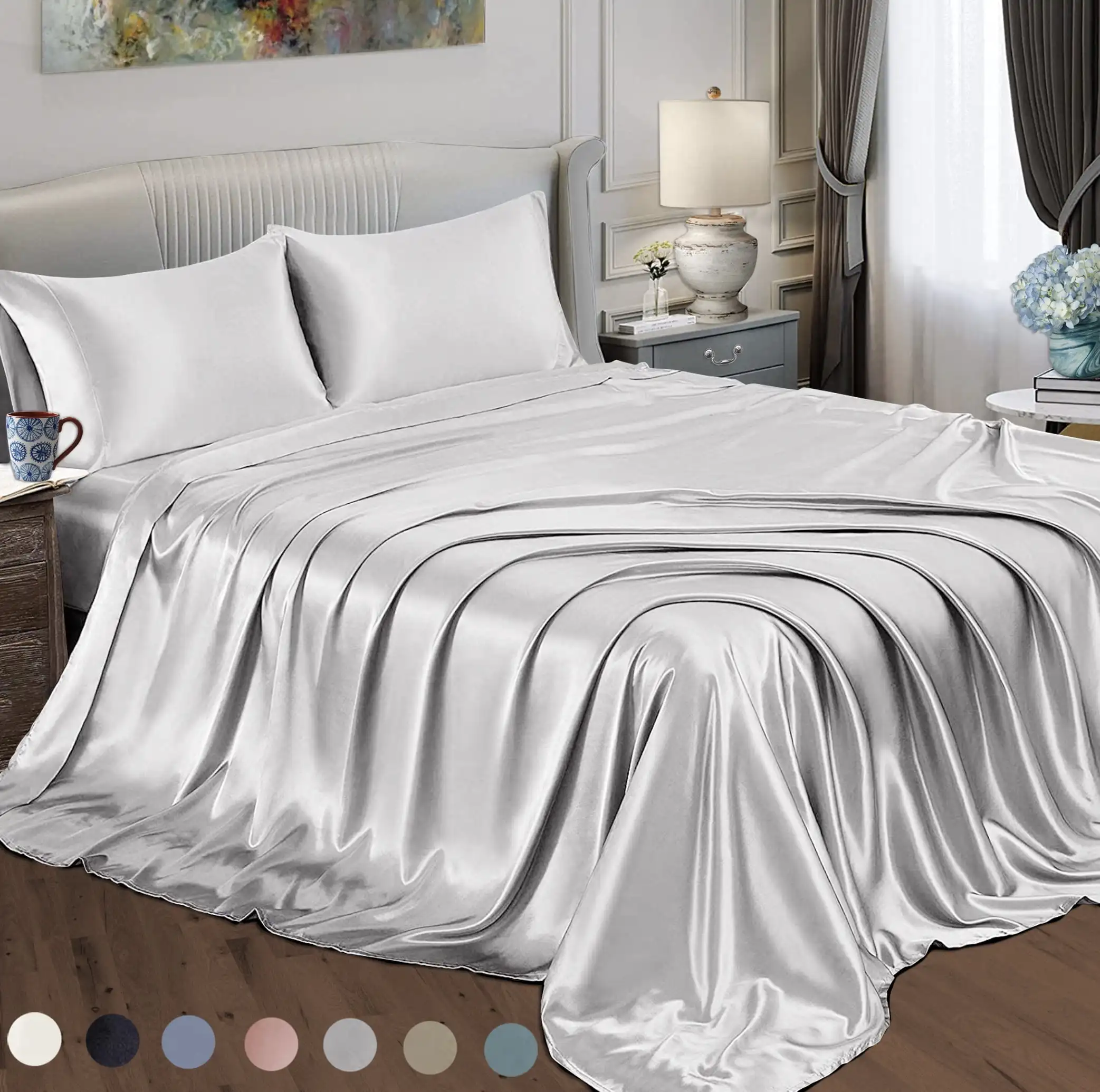 

230 Thread Count Silver Polyester Sheet Set, Queen, (4 Pieces)
