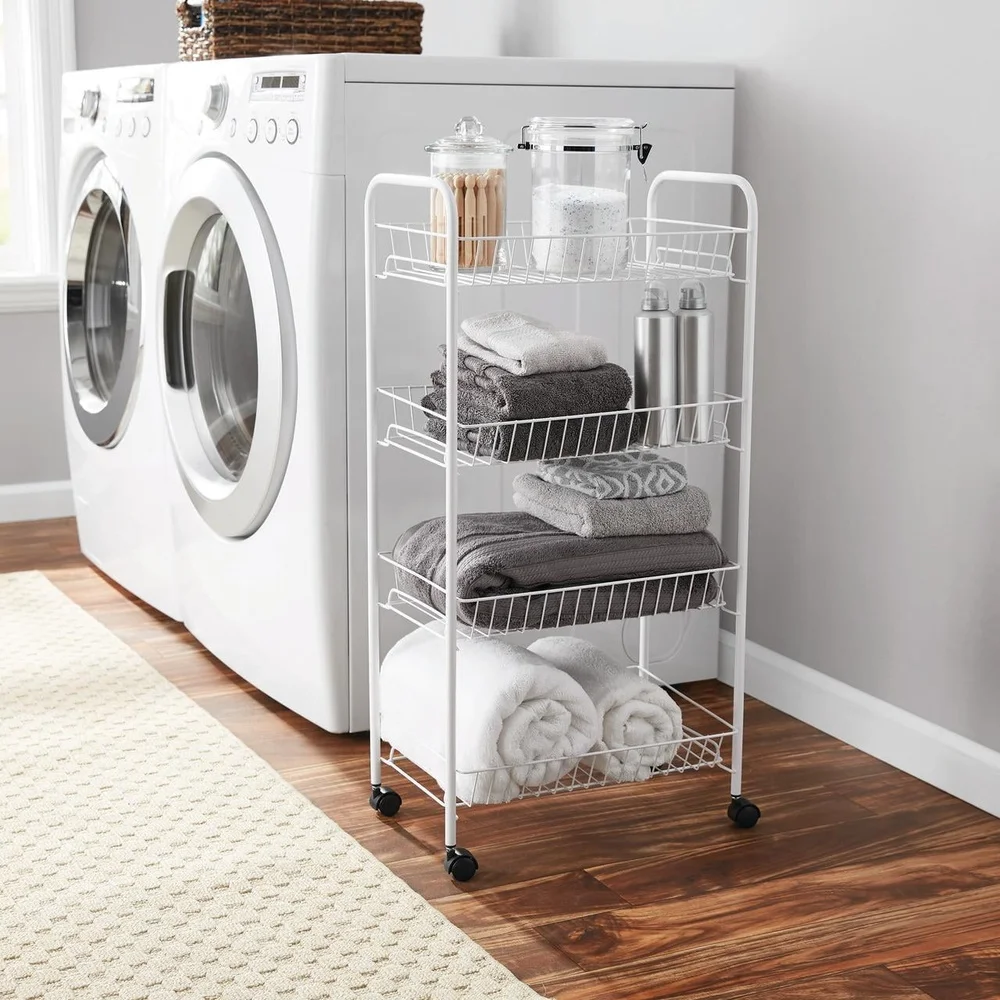 4-Tier Rolling Metal Laundry Sorter Cart with 4 Baskets Easy Organizing and Transporting Laundry Supplies