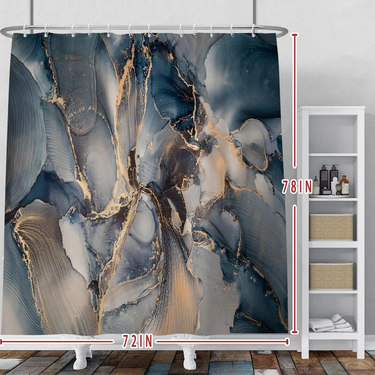 Blue Gold Abstract Marble Shower Curtain Luxury Fluid Art Design Print for Elegant Bathroom