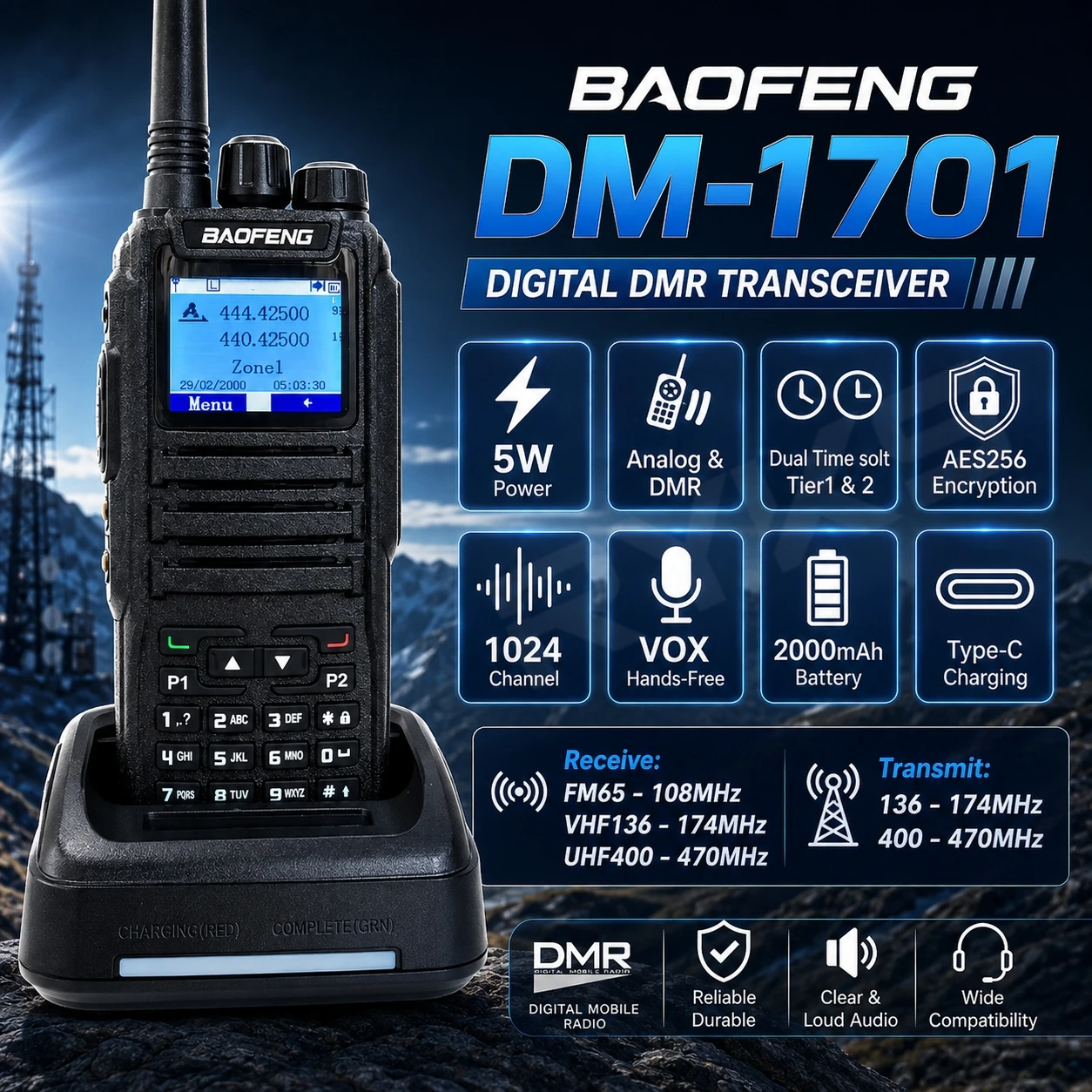 Baofeng DM-1701 DMR Walkie Talkie Open GD77 UHF VHF Digital Mobile Two Way Radio 3000CH Dual Time Slot Tier 1+2 Update Firmware