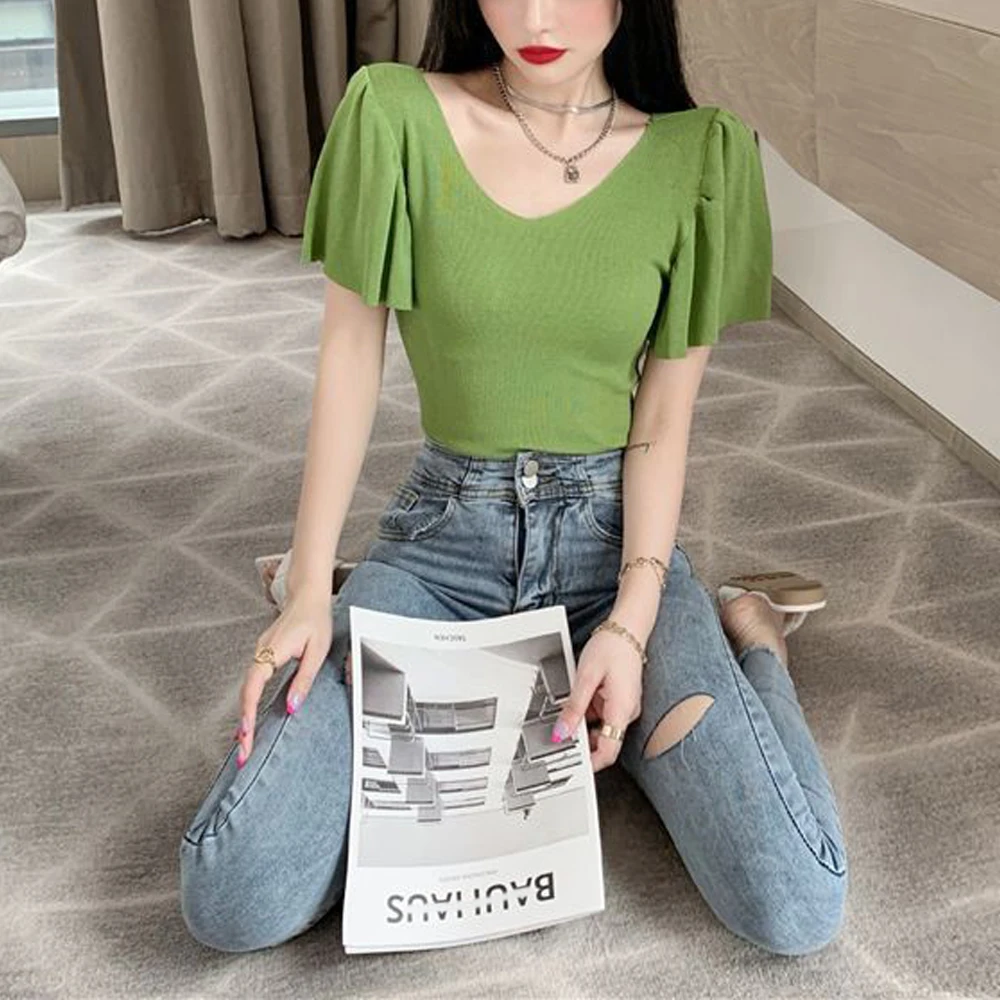 

Sweet Lovely V-Neck Petal Sleeve Knitted Shirt Women Sweater Pink White Green Short Sleeve Tees Girl Ruffle Edge T-Shirt Female