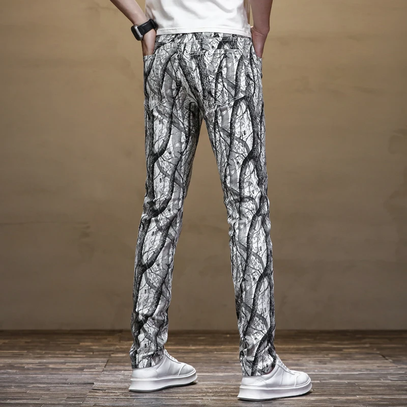 2024Spring and Summer New Digital Printed Jeans Men's Slim Fit Stretch Feet Personality Fashion Party Casual Trousers
