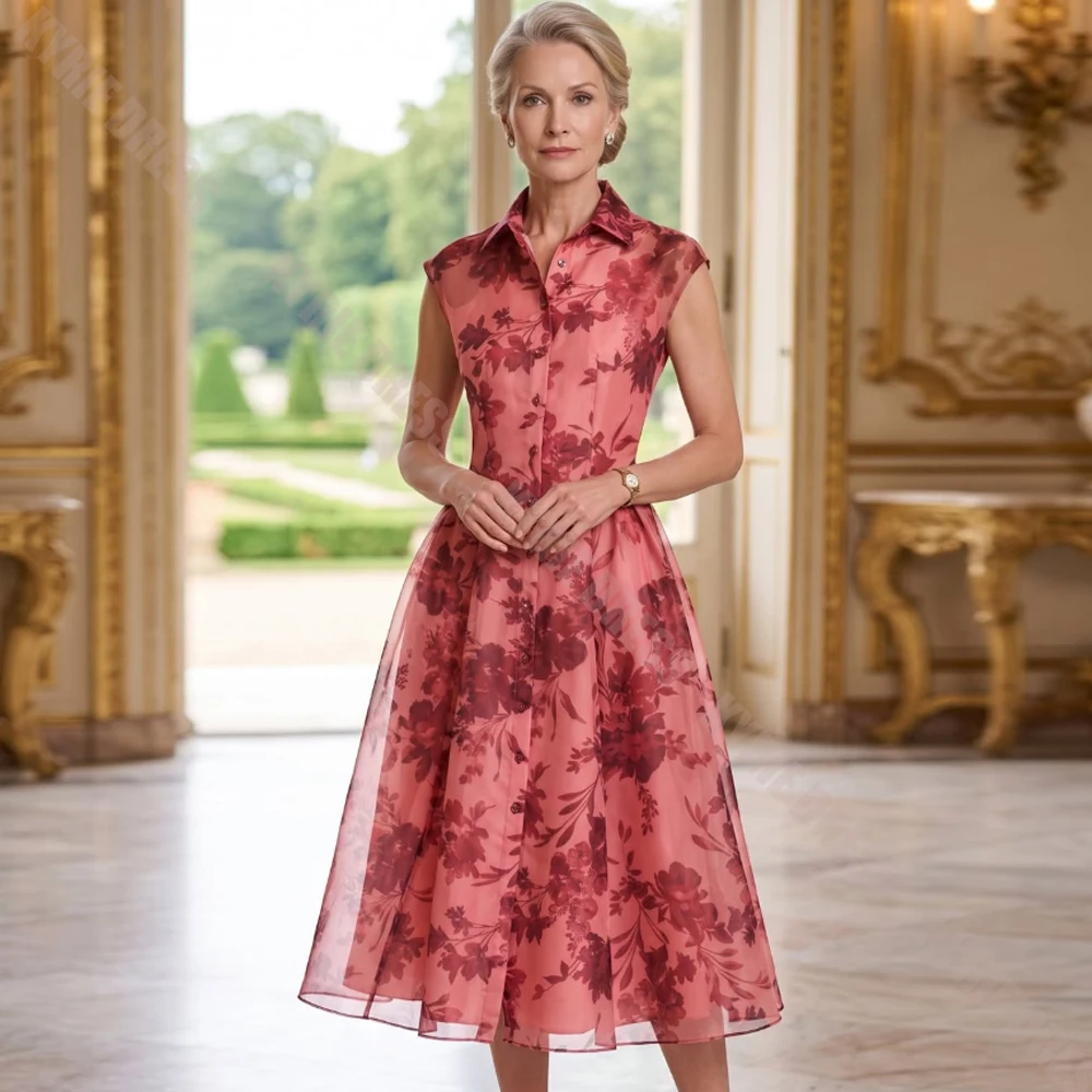 Modern Mother of The Bride Dresses Customized Lapel Sleeveless Floral Print Tulle Women Wedding Guest Dresses Party Evening Gown