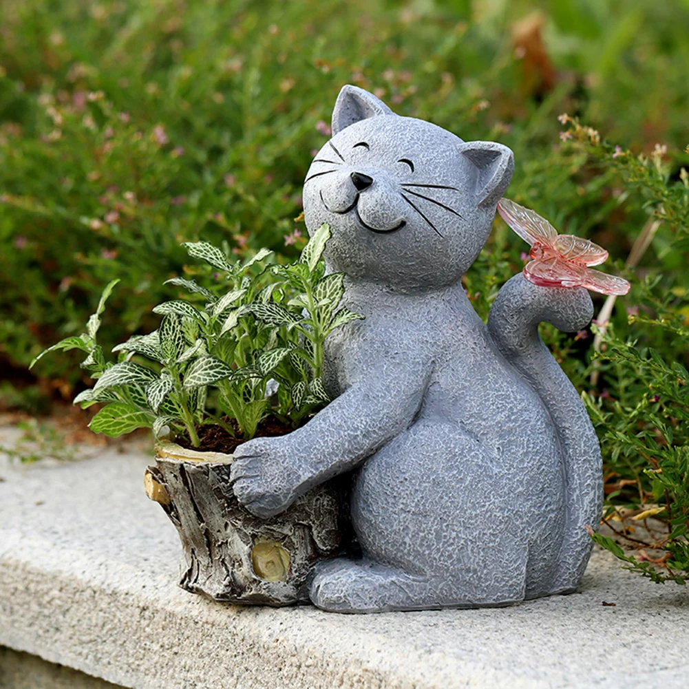 Solar Powered Cat Artwork Flower Pot Creative Cat Butterfly Planter Statue with Light Desktop Cat Flowerpot Courtyard Ornament