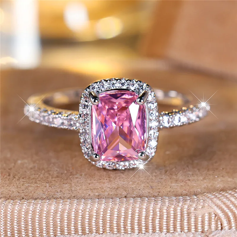 Luxury Female Girl Big Crystal Pink Square Zircon Stone Ring Silver Color Wedding Jewelry For Women