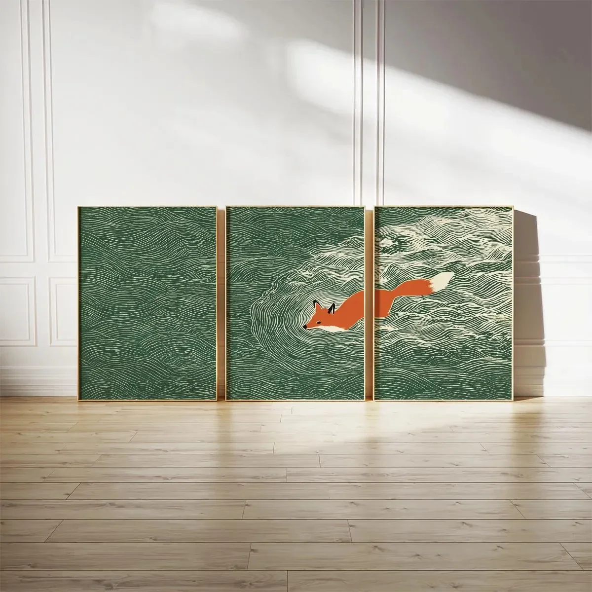 Large-sized frameless 3pcs  Abstract Fox Ocean Wall Art Set, Boho Green Wave & Fox Canvas Prints, Minimalist Woodland Animal