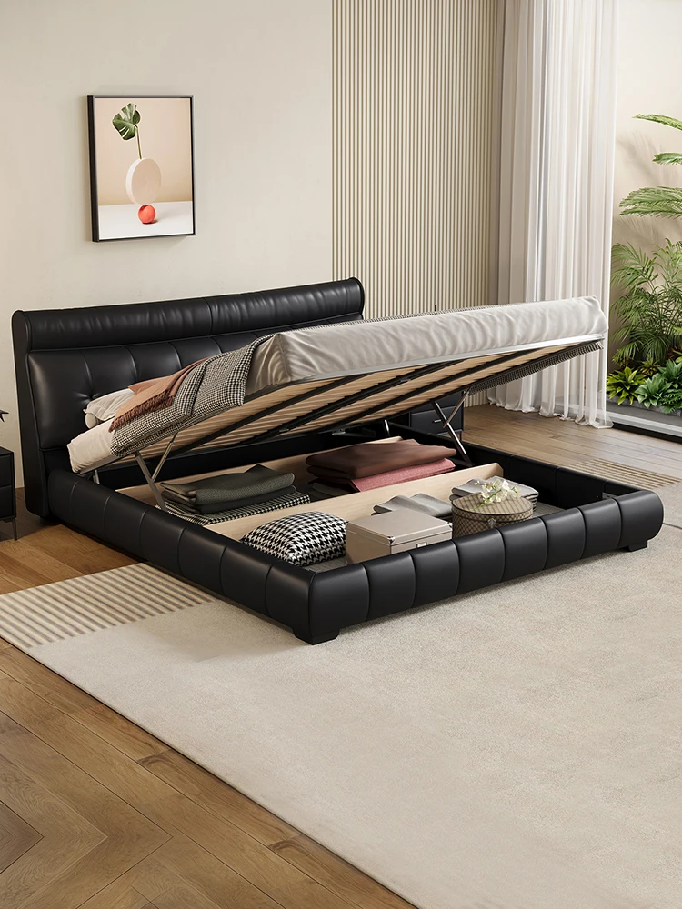Leather bed master bedroom queen 2025 new bed modern minimalist black soft High Quality