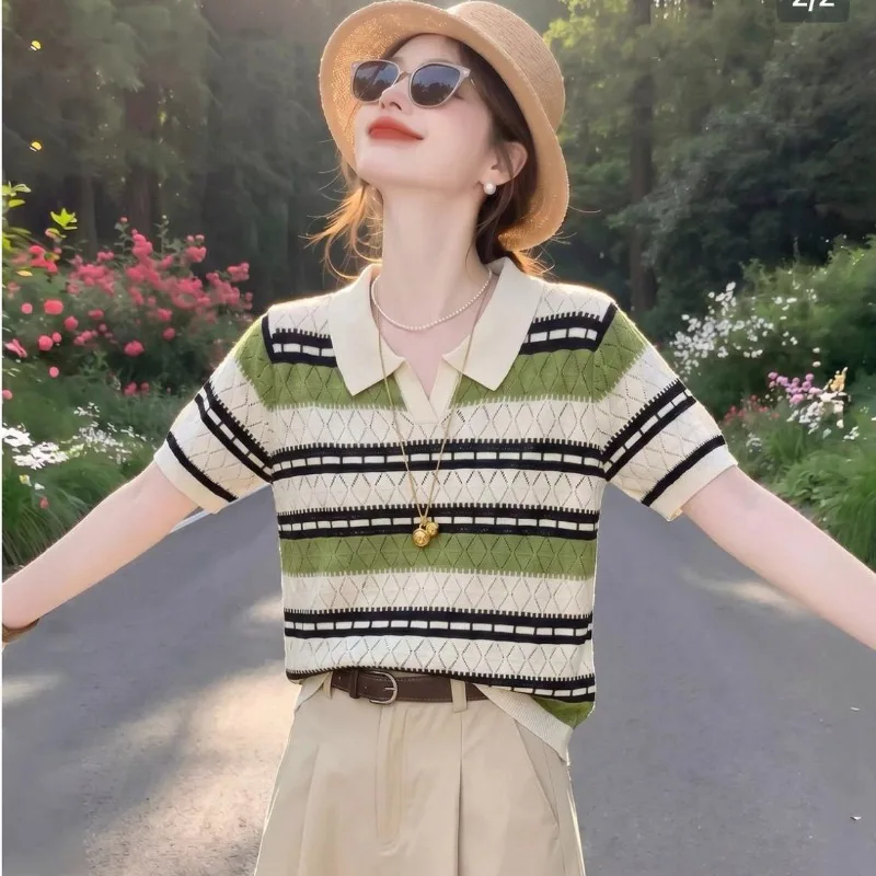 Women Clothes Summer Korean Fashion Button Striped Solid Color Polo Collar Female All-match Fashionable Appear Thin Short Sleeve
