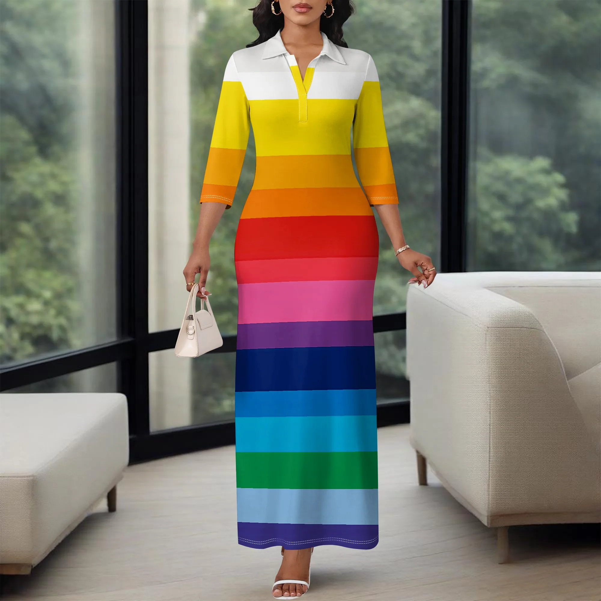

XS-3XL Rainbow Stripe Zip Maxi Dress for Women Long Sleeve Pride Style for LGBTQ Parade, Summer Festival or Streetwear Look