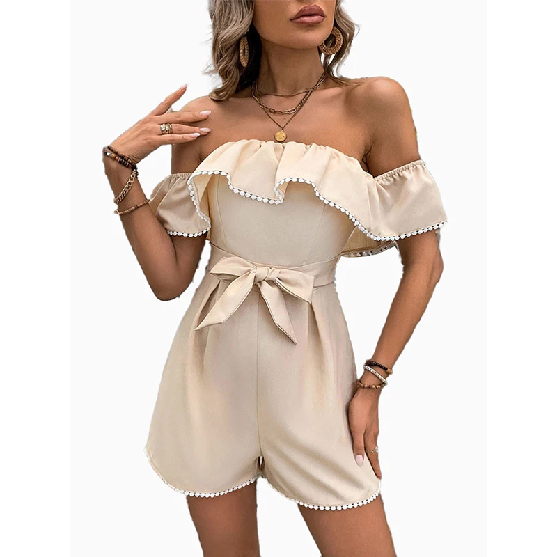 

2025 Spring And Summer Elegant New Jumpsuit Shorts Women's Fashion Design One Shoulder Lotus Leaf Edge Solid Color Jumpsuit