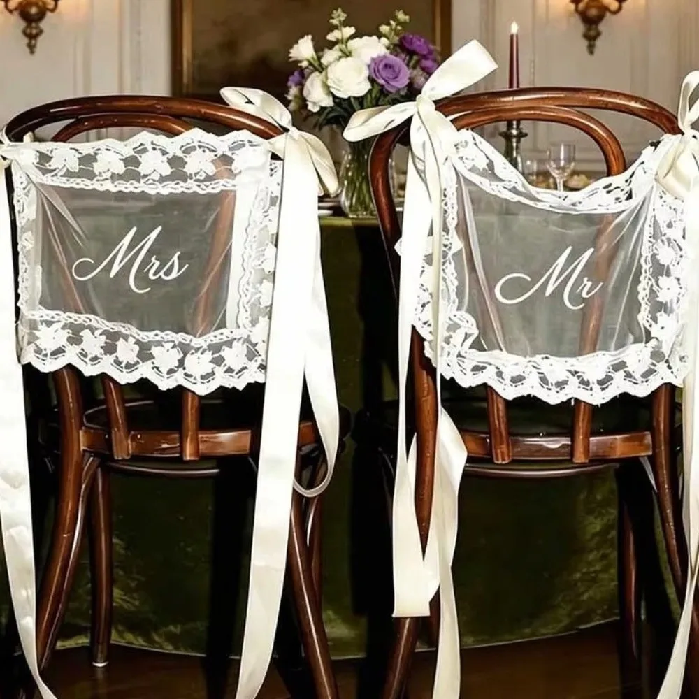 2PCS French Romantic Wedding Chair Back Lace Cover Creative Reusable Strap Chair Cover Multi Purpose Wedding Chair Banners