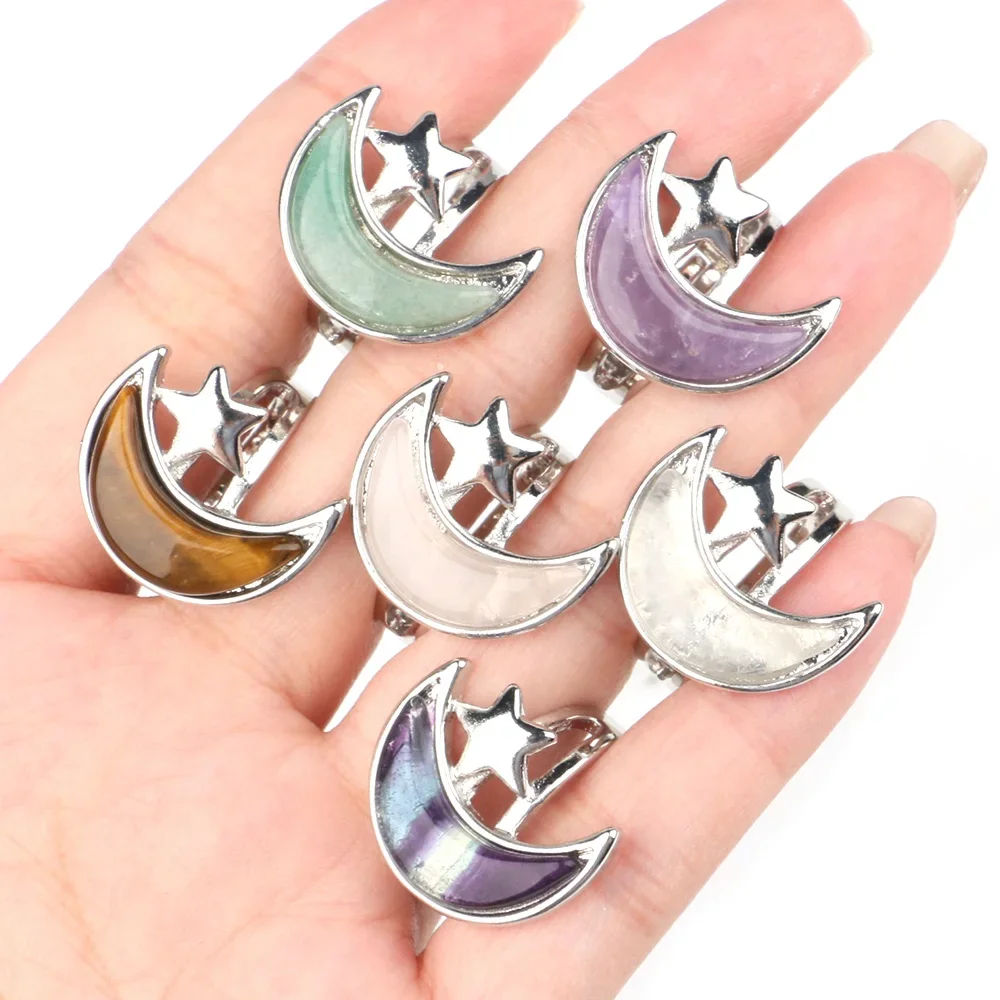 

New Moon Star Adjustable Rings for Women Engagement Jewelry Accessories Gifts Unique Natural Crystal Fluorite Amethyst Reiki Gem