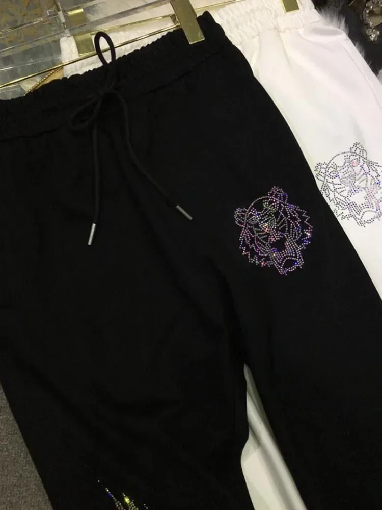 Pantaloni sportivi da donna Ali scintillanti Pantaloni sportivi elastici a vita alta con strass Pantaloni lunghi neri autunno primavera