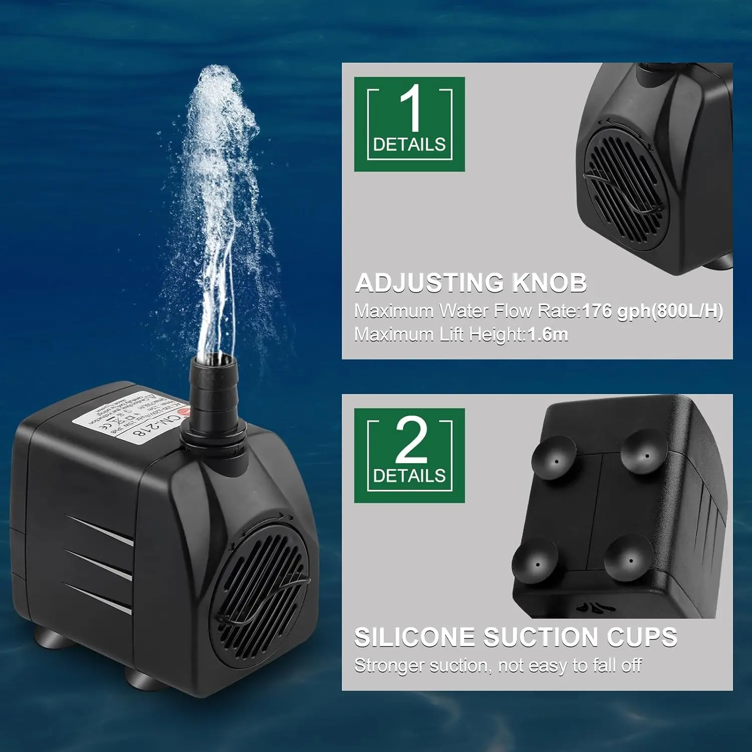 Submersible Water Pump with 3 Colorful LED Lights 800L/H Mini Pond Pump for Water Feature Aquarium Fish Tank Outdoor Fountain