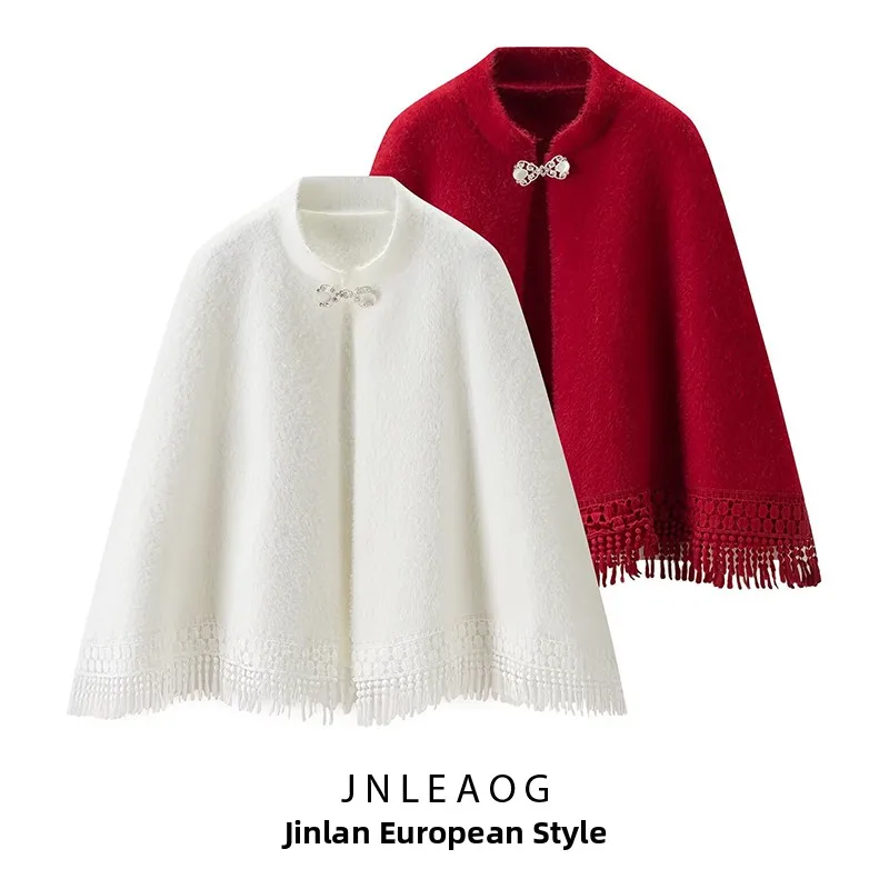 

Red Embroidered awl Collar Coat for Women Autumn New Sle Faionable Tassel Detail Stand Fit Long Sve Polyester