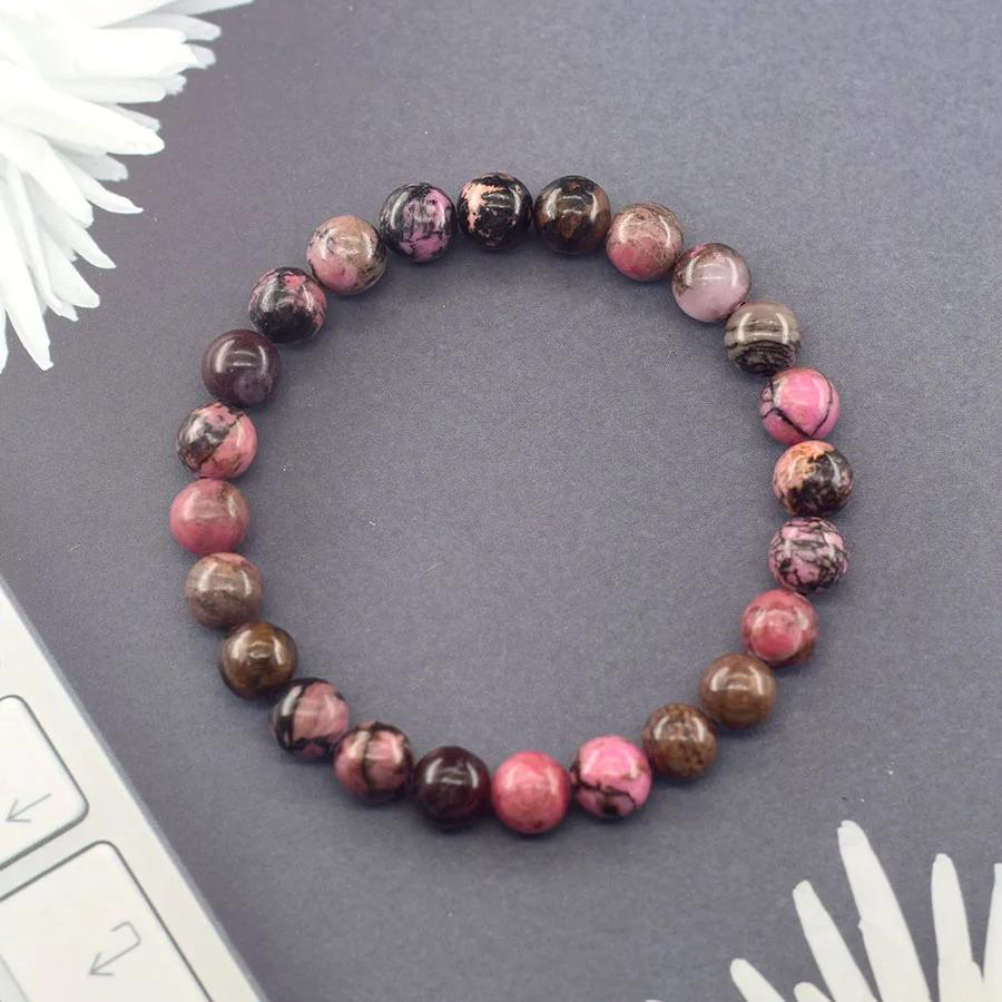 الرودونيت الطبيعي مطرز أساور الرجال النساء حجر الطاقة الخرز أساور ممتدة اليوغا التأمل العاطفة هدية لمحبي Pulsera #2