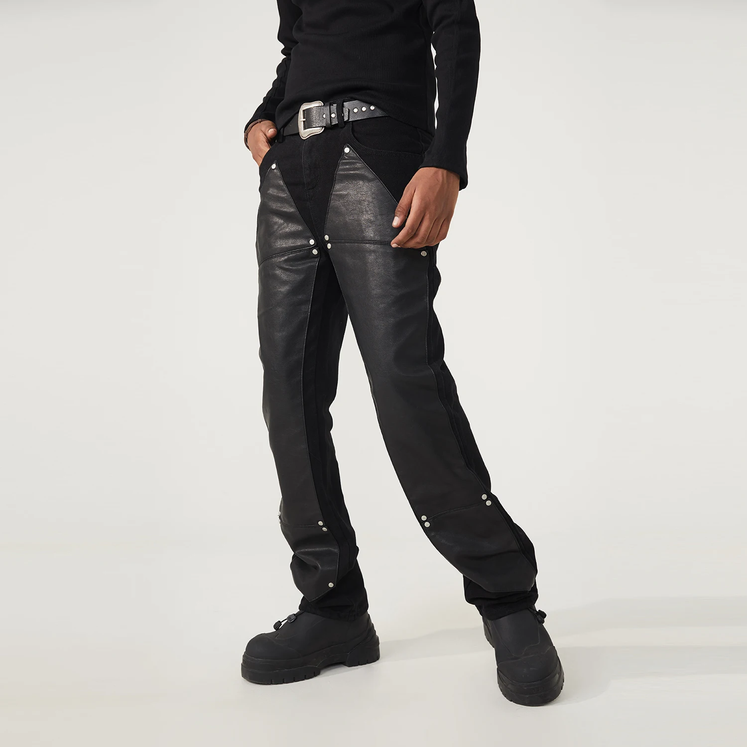 

Hip-hop national tide niche design jeans men's black PU leather stitching straight tide brand pants y2k clothes men jeans R69