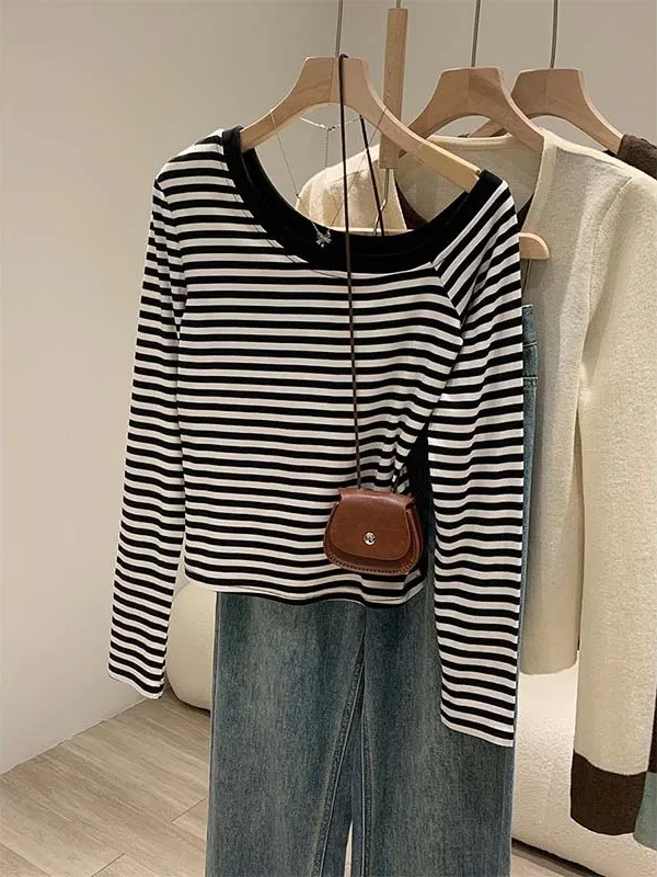 Maglietta a Righe Primaverile da Donna, Aderente, con Spalle Scoperte, Design Puro e Seducente, Bianco e Nero, Top Casual alla Moda