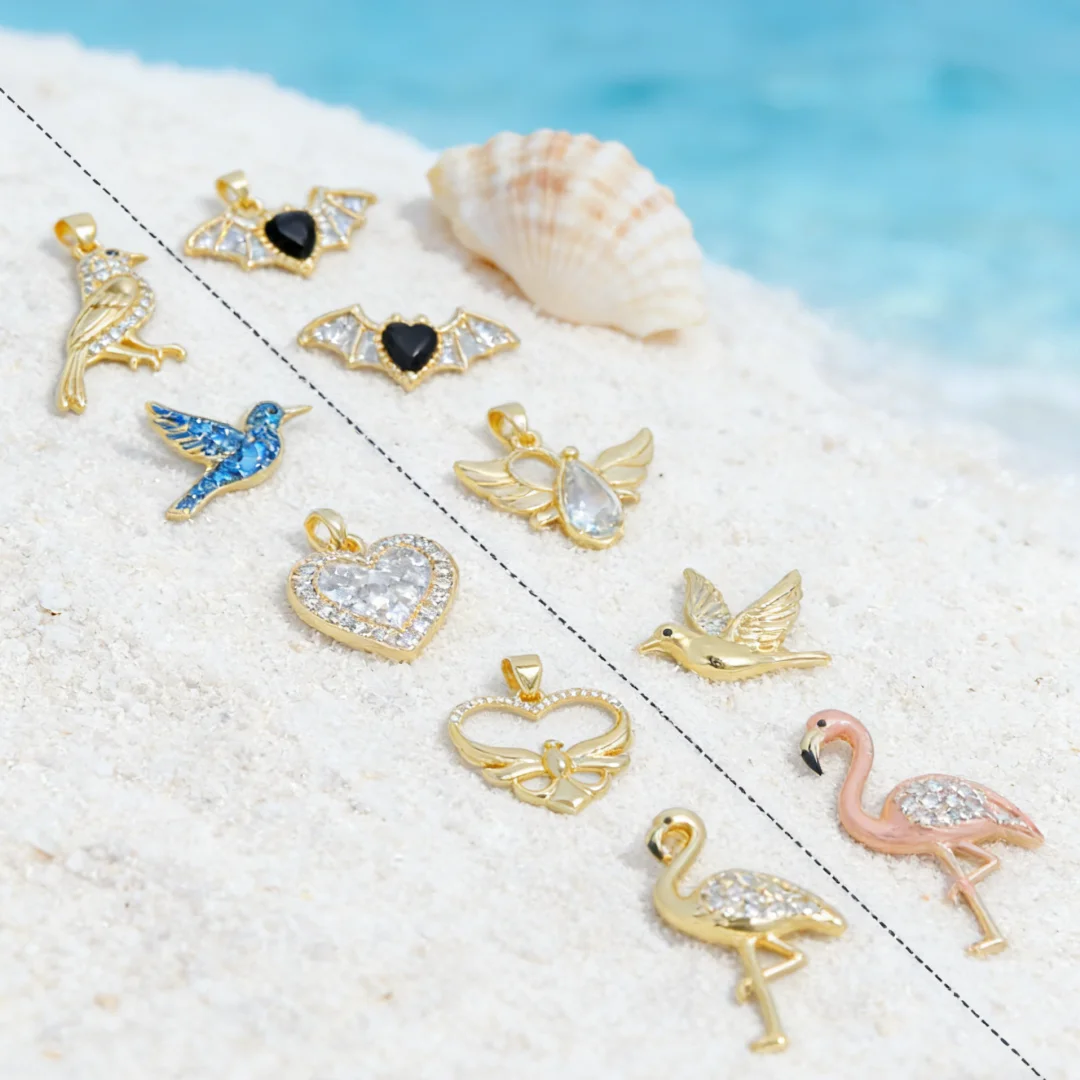 4Pcs Pendants Brass Colorful Zirconia Animal Bird Bat Flamingo Heart Charms for DIY Jewelry Making Necklace Bracelet Men Women