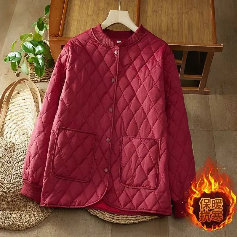 2025 Giacca in cotone leggero da donna Nuove giacche larghe a maniche lunghe con griglia di diamanti autunno inverno top casual solido da madre