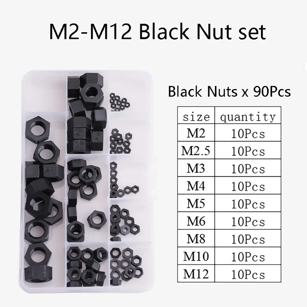 M2-M12 1set 90Pcs White Black Plastic Nylon Hex Nuts Metric Thread Insulation Nut Kit Mechanical Fastening Accessories