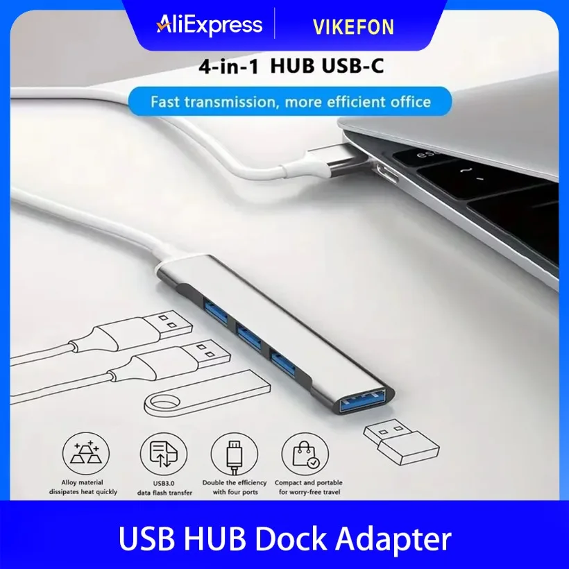 VIKEFON 4-Port USB 3.0 2.0 Hub USB Hub Computer Accessory Hub Multi-Port Laptop Mouse Keyboard USB Flash Drive C-Splitter