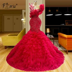 Splended Red Dubai Mermaid Wedding Dress Woman One Shoulder Beads Ruffle Evening Party Dress Layered Tulle Formal Ceremony Gowns