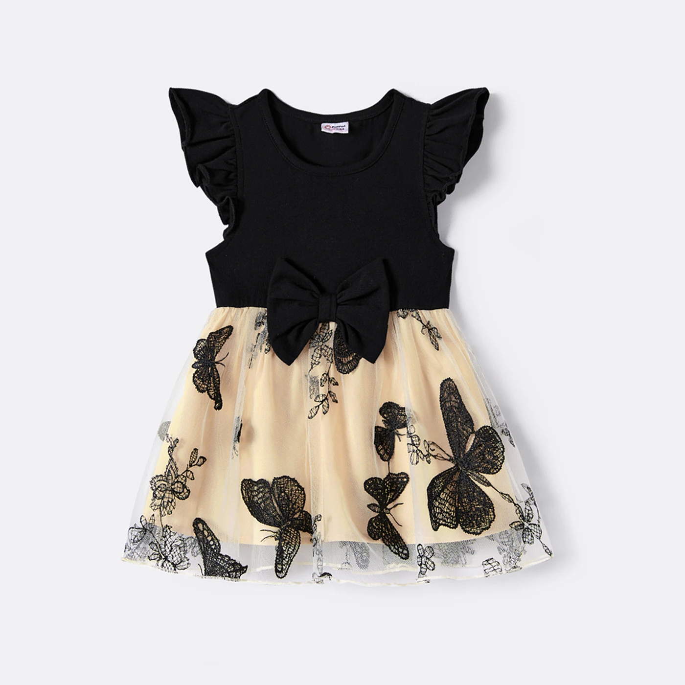 PatPat Family Matching Solid V Neck Flutter-sleeve Splicing Butterfly Print Dresses and Short-sleeve Colorblock T-shirts Sets