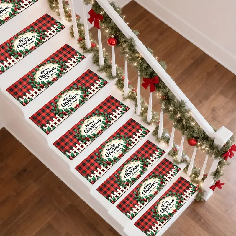 VIKAMA 15pcs Christmas Stair Mat, Anti-slip Stair Carpet, Outdoor and Indoor Protective Step Mat, Christmas Home Decoration