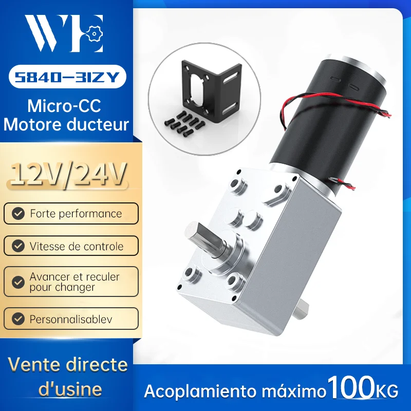 Motor de Engranajes Bringsmart 5840-31zy DC 12V con Eje Doble Corto, Caja de Engranajes Reversible, Engranajes Totalmente Metálicos, Velocidad de 12-470 RPM, Motor de 24V