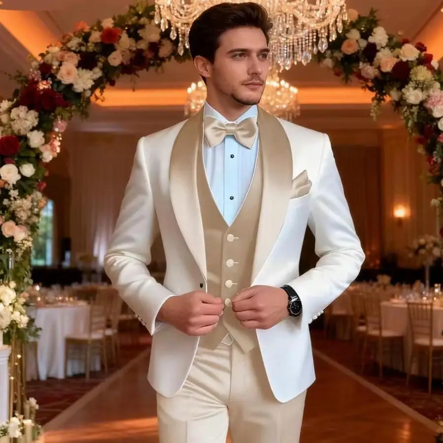 

Classic White with Champagne Satin Men Suits Wedding Party Formal Groom Prom Business Male Tuxedos 3 Piece Set Jacket Vest Pants