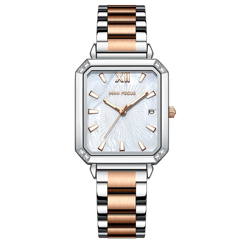 Mini Focus MF0472L Luxury Watch Square Diamonds Case Silver Stainless Steel Band Waterproof Women Quartz Watches