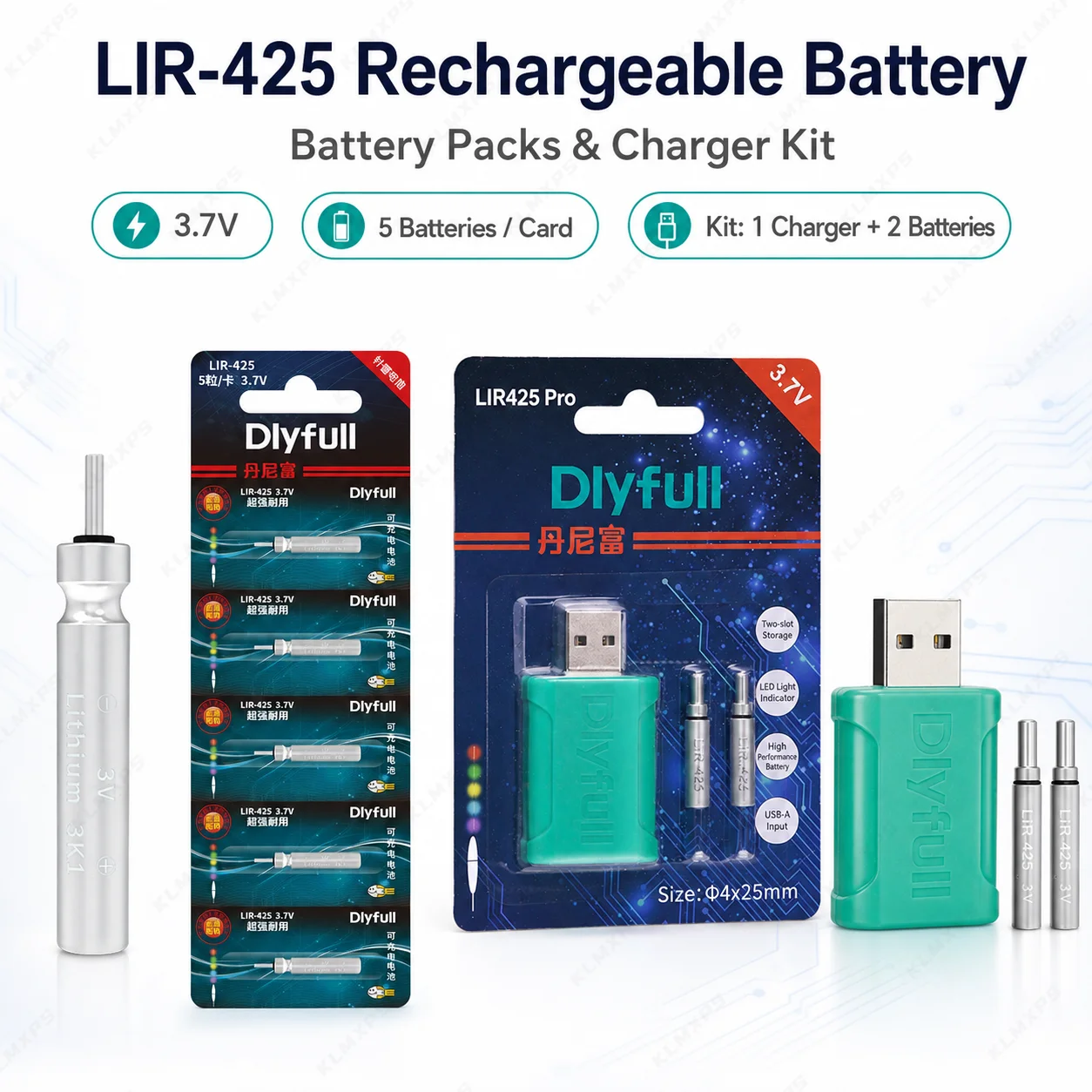 LIR425 Rechargeable Fishing Float Battery 3.7V Lithium Battery for LED Night Fishing Float USB Charger Set