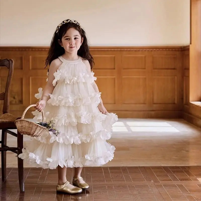 Girl Princess Dress 2025 Summer New Flower Birthday Dress Girl Fairy Yarn Dress Children's Cake Dress