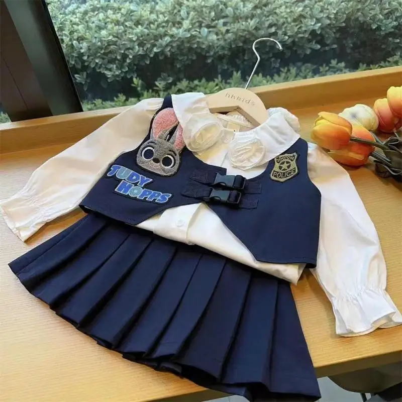 Girls Vest Set Spring Autumn New Cartoon Rabbit Police Decal Vest + Shirt + Pleated Skirt Three-Piece Set Fashion Girl Clothes