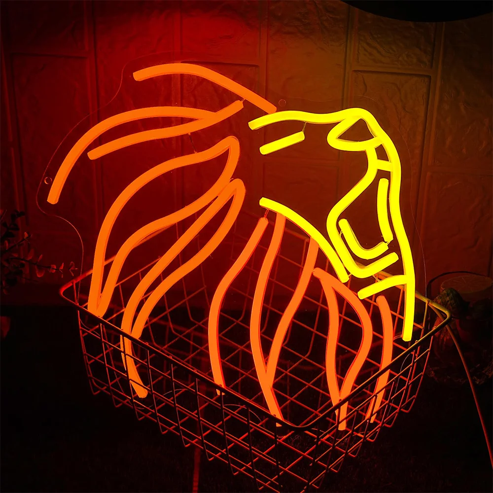 Lion Neon Signs Orange Yellow Lions Head Neon Light for Office Bedroom Livingroom Bar Party Man Cave Gameroom