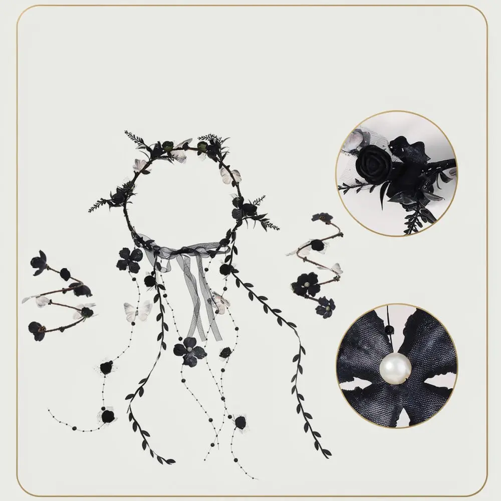 Gothic Style Vine Flower Crown Bracelet Set Halloween Party Accessory Pearl Tassel Garland Headpiece For Photography Prop Decor