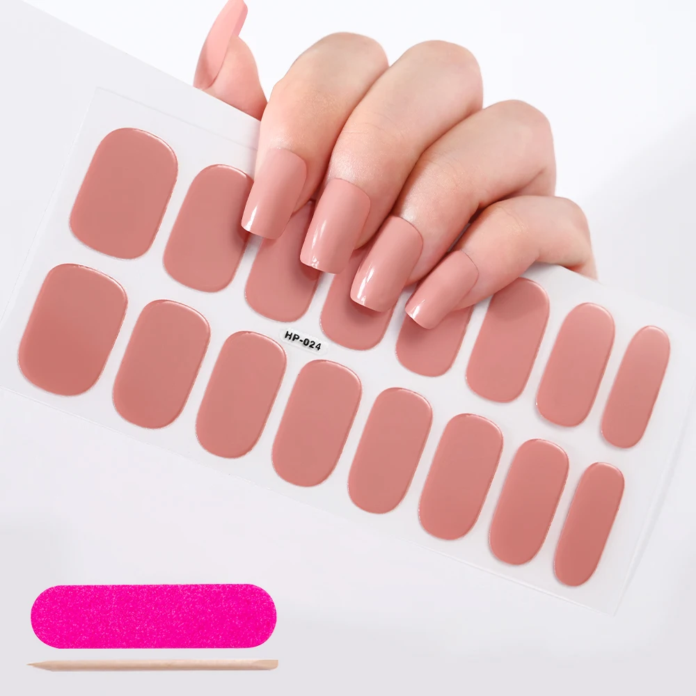 16Tips Soild Color Nude Pink Semi-Cured Gel Nail Sticker Long-Lasting UV Nail Sticker Full Cover UV/LED Extension Gel Nail Foil