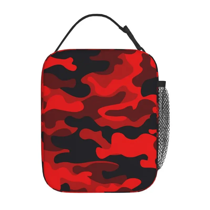 Lunch Box Military Camouflake Camo Red Black Insulated Bag Reusable with Side Pocket for Work School Picnic Hiking Daytrip