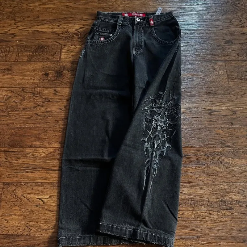 ملابس شارع هاراجوكو داكنة بانك تصميم شوكة بيضاء سراويل مستقيمة فضفاضة على الموضة الأمريكية جينز كبير الحجم للجنسين