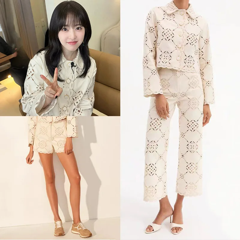 

【Gift Free】 2025 Early Fall Madeira Laser-Cut Doll Collar Top & Shorts Capri Pants Set