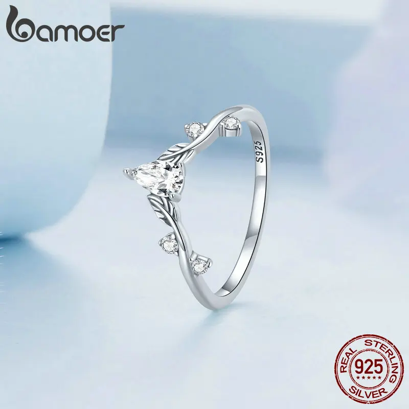 Bamoer 925 Sterling Silver Rattan & Water-drop Shaped Zircon Ring Vine Finger Ring for Women Exquisite Fine Jewelry BSR308