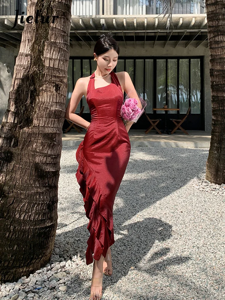 Jielur Summer New Vintage Wine Red Sleeveless Dress Sexy Backless Strap Dresses Female Attractive High Waist Beach Dress Woman