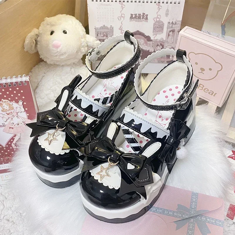 Japanese Style Platform Big Head Shoes Student Girls Color Patchwork JK Round Toe Lolita Leather Shoes Female High Heel Pumps