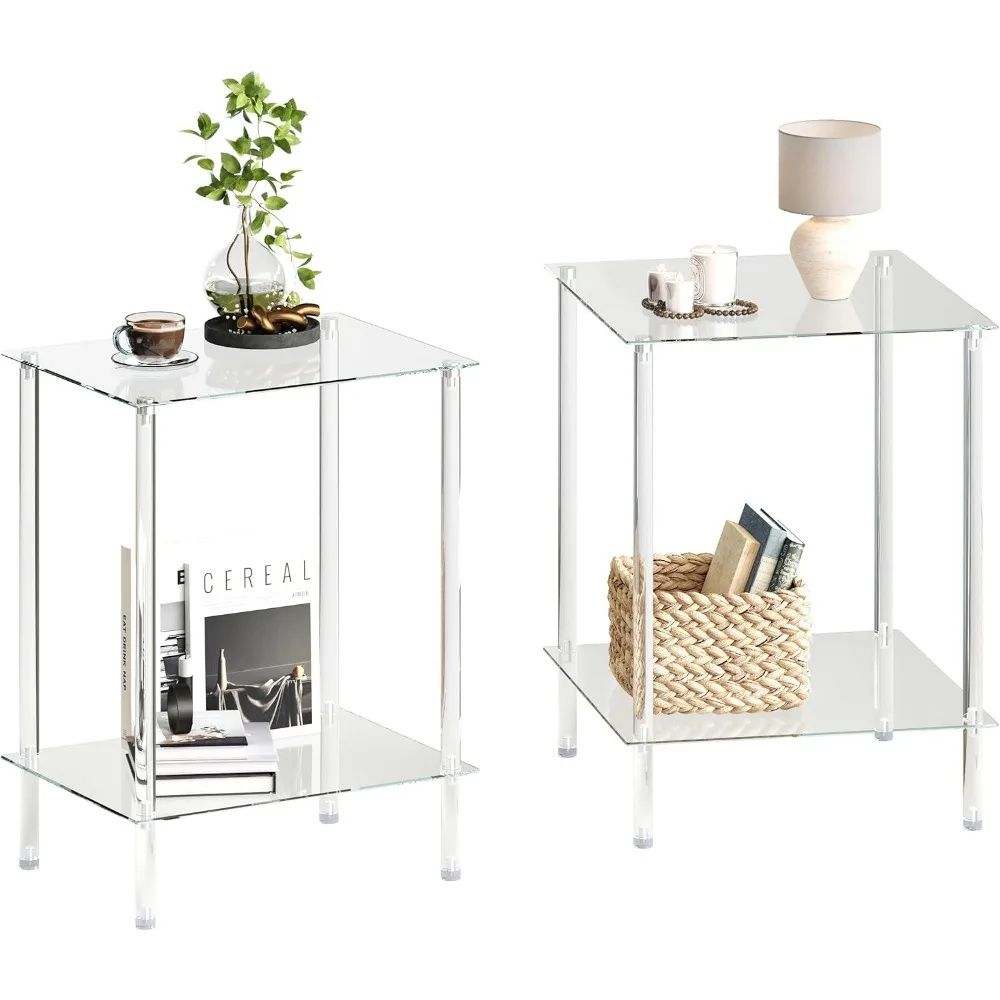 

Glass Side Tables Set of 2 Acrylic End Table with 2 Storage Shelve transparent Bedside simplicity clear 2-Tier Nightsta