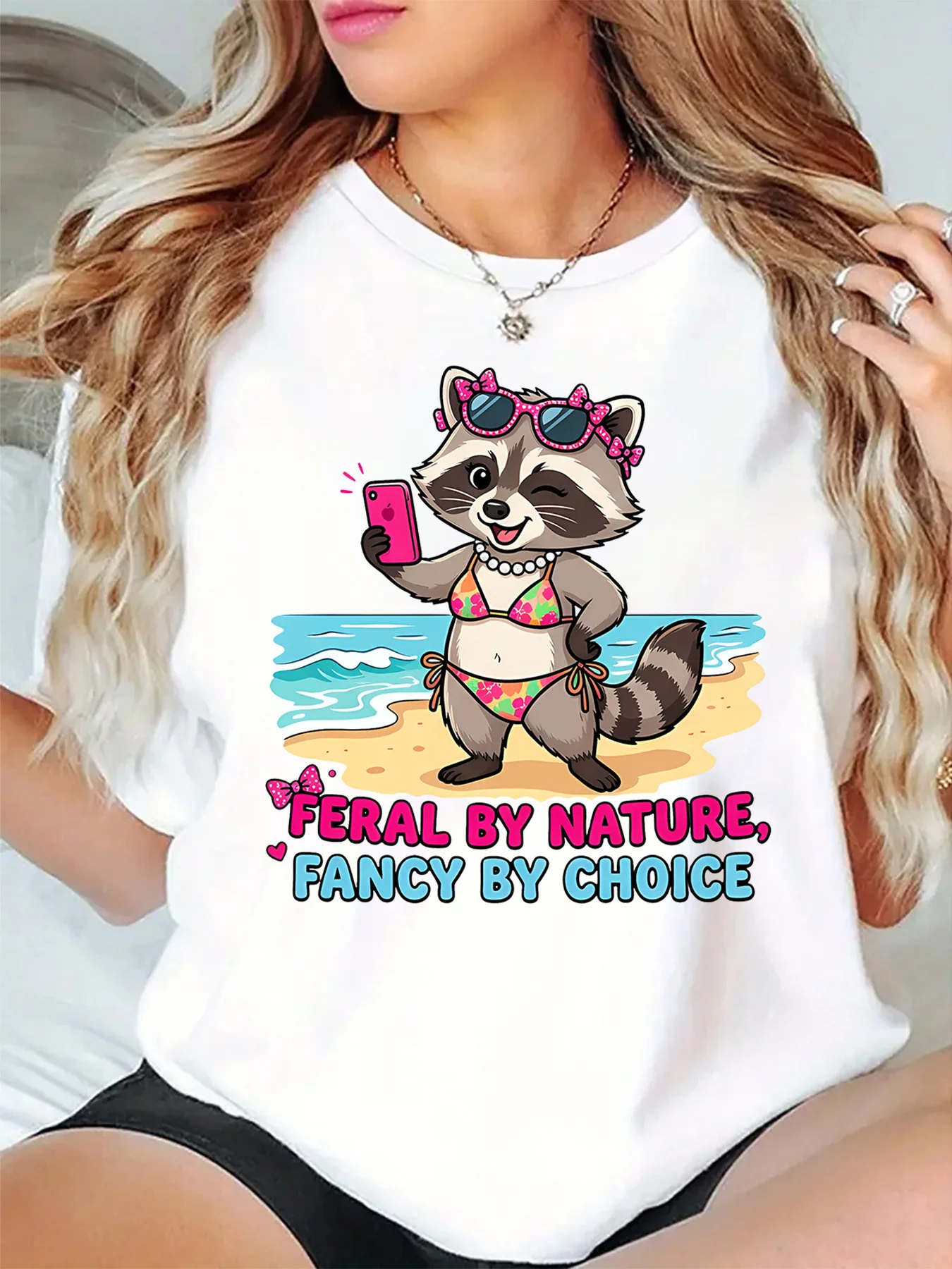 Cute Beach Raccoon Selfie Summer Fancy Quote Cartoon Graphic Womens T Shirt Short Sleeve Crew Neck Casual Ladies Tee Tops