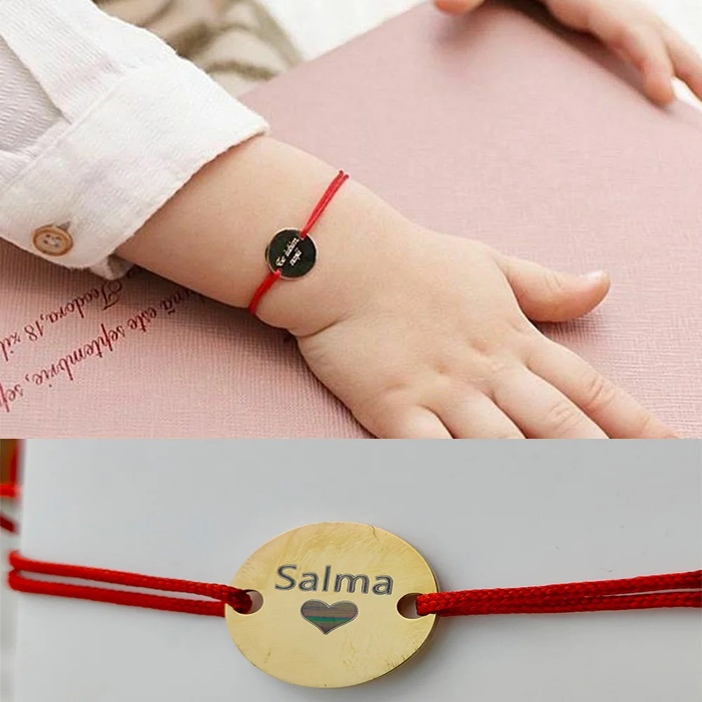 Carving Name Date Nameplate Bracelet For Baby Children\'s Stainles Steel Anti-allergic Cute Lucky Red Rope Bracelet For Men Women